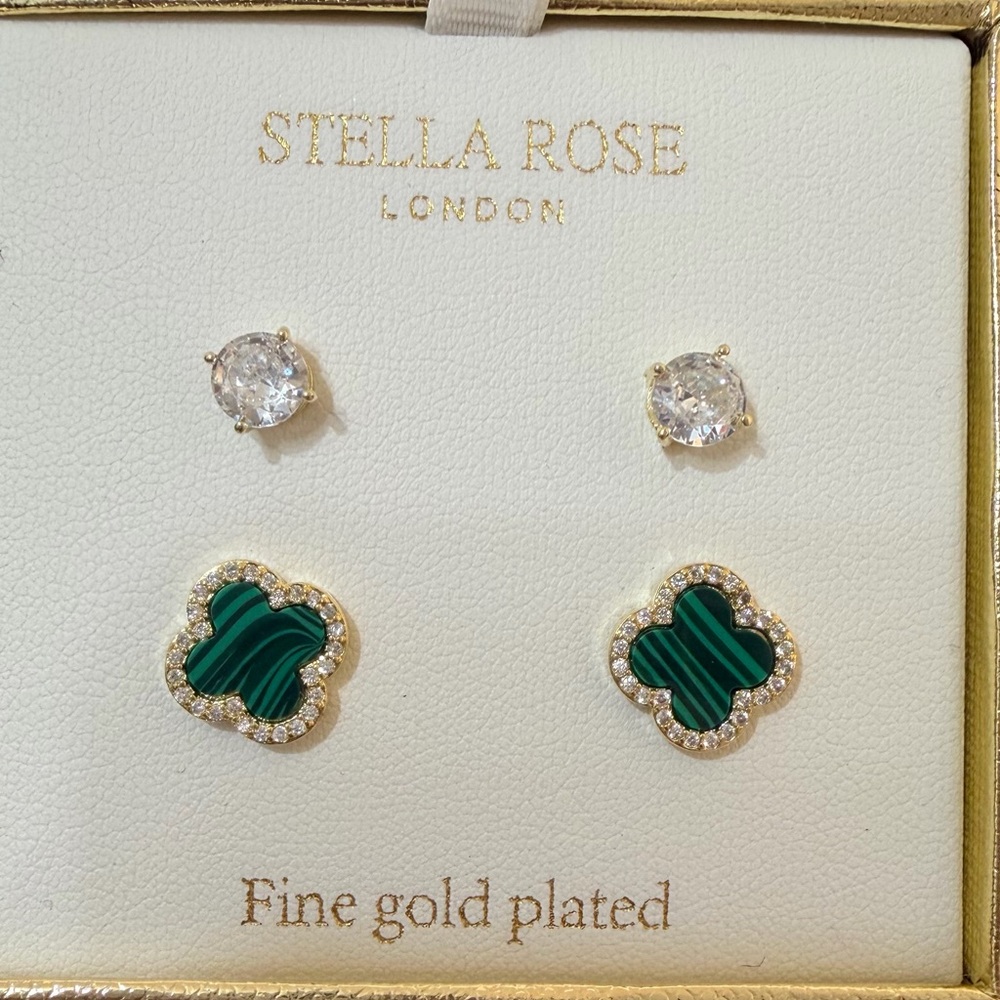 Stella Rose London Gold Plated Earring Set Malachite‎ Clover & Clear Studs - Picture 2 of 5